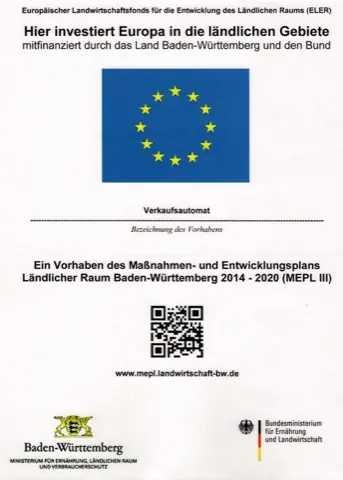 Förderurkunde des Europäischen Landwirtschaftsfonds für die Entwicklung des ländlichen Raums für den Verkaufsautomaten.